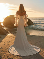 White Off The Shoulder Mermaid Wedding Dress with Long Sleeves Back View