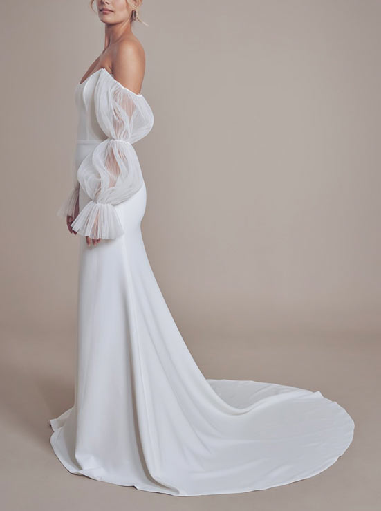 White Off The Shoulder Mermaid Wedding Dress with Long Sleeves Side View