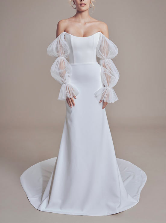 White Off The Shoulder Mermaid Wedding Dress with Long Sleeves