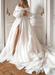 White Off The Shoulder Organza A-Line Chapel Train Wedding Dress with Long Sleeves and Slit