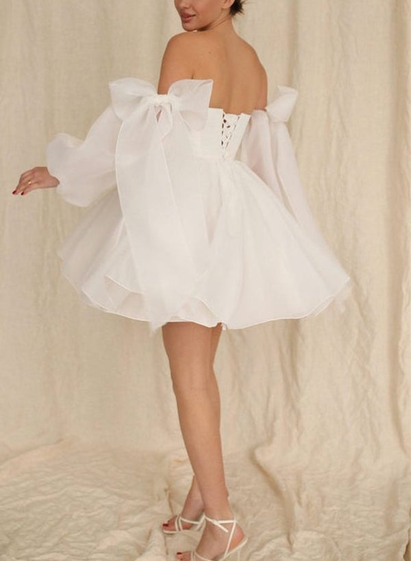 White Off The Shoulder Organza A-Line Wedding Dress with Long Sleeves Back View