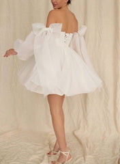White Off The Shoulder Organza A-Line Wedding Dress with Long Sleeves Back View