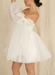 White Off The Shoulder Organza A-Line Wedding Dress with Long Sleeves Side View