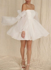 White Off The Shoulder Organza A-Line Wedding Dress with Long Sleeves