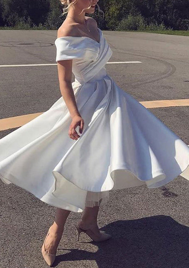 White Off The Shoulder Satin A-Line Wedding Dress with Pleats