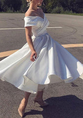 White Off The Shoulder Satin A-Line Wedding Dress with Pleats