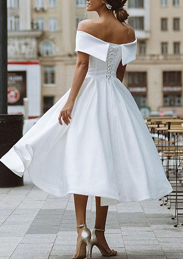 White Off The Shoulder Satin A-Line Wedding Dress with Pleats Back View