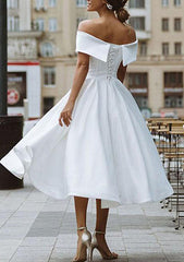 White Off The Shoulder Satin A-Line Wedding Dress with Pleats Back View
