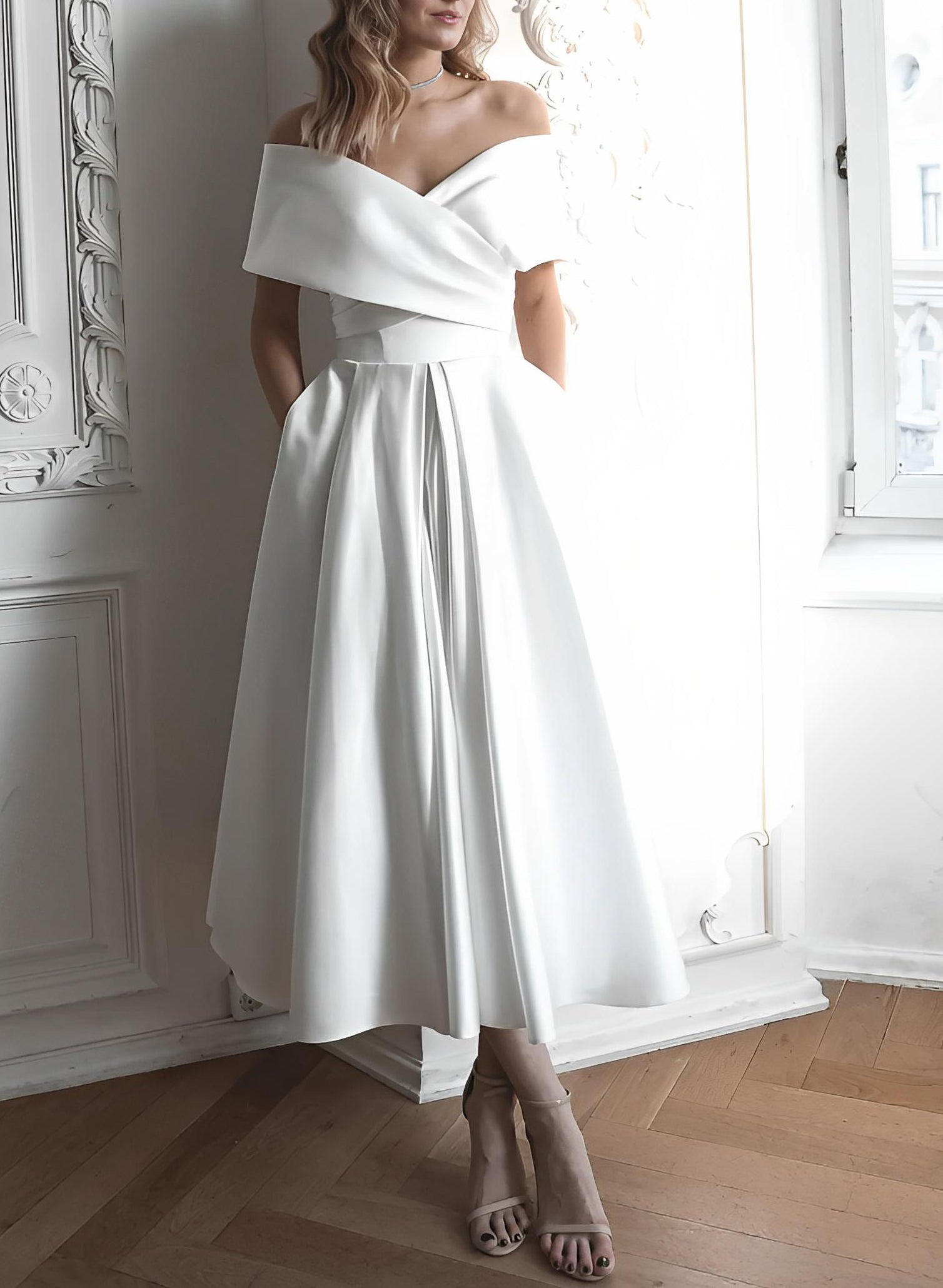 White Off The Shoulder Satin A-Line Wedding Dress with Pockets