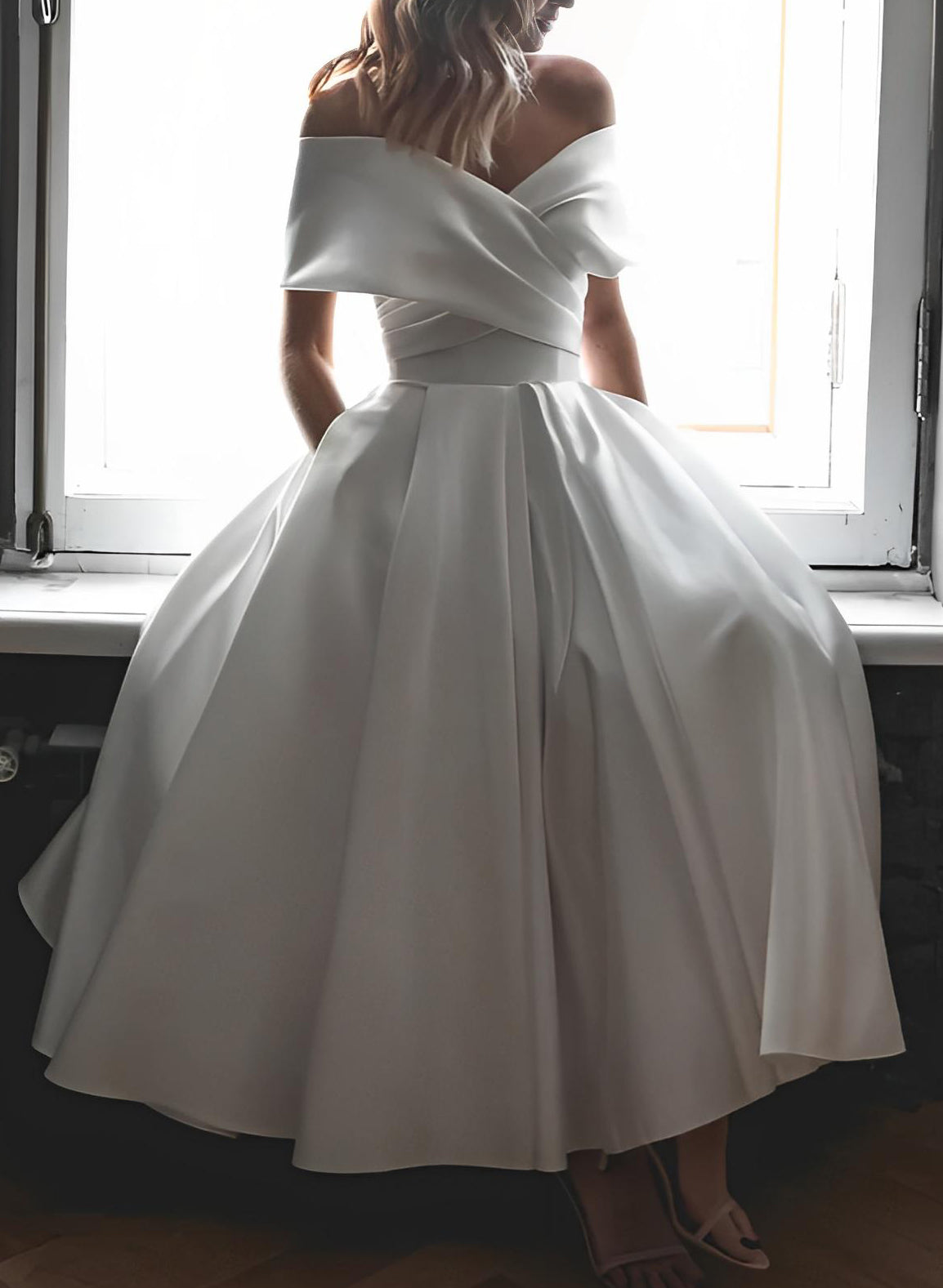 White Off The Shoulder Satin A-Line Wedding Dress with Pockets