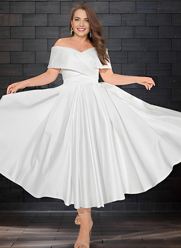 White Off The Shoulder Satin A-Line Wedding Dress with Pockets