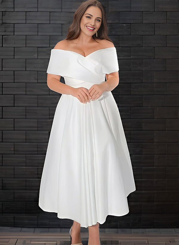 White Off The Shoulder Satin A-Line Wedding Dress with Pockets