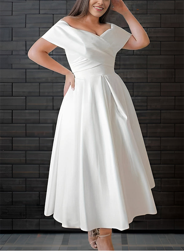 White Off The Shoulder Satin A-Line Wedding Dress with Pockets