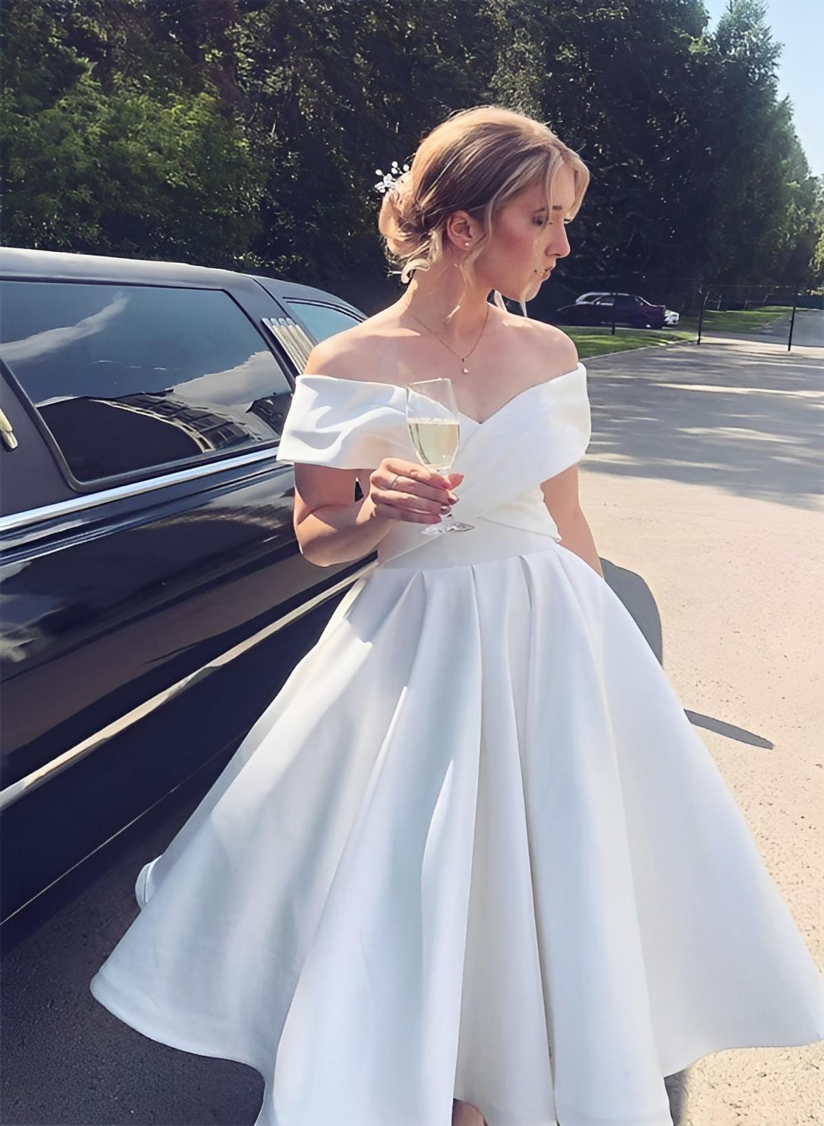 White Off The Shoulder Satin A-Line Wedding Dress with Pockets