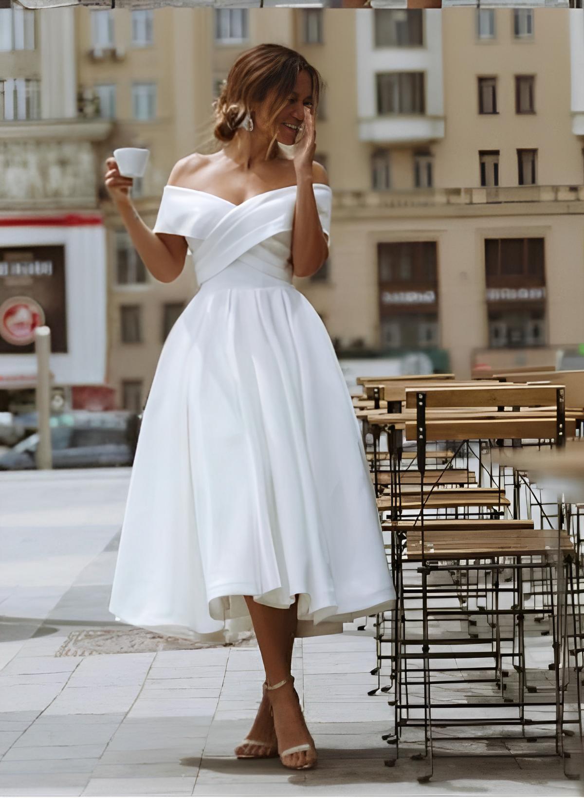 White Off The Shoulder Satin A-Line Wedding Dress with Pockets