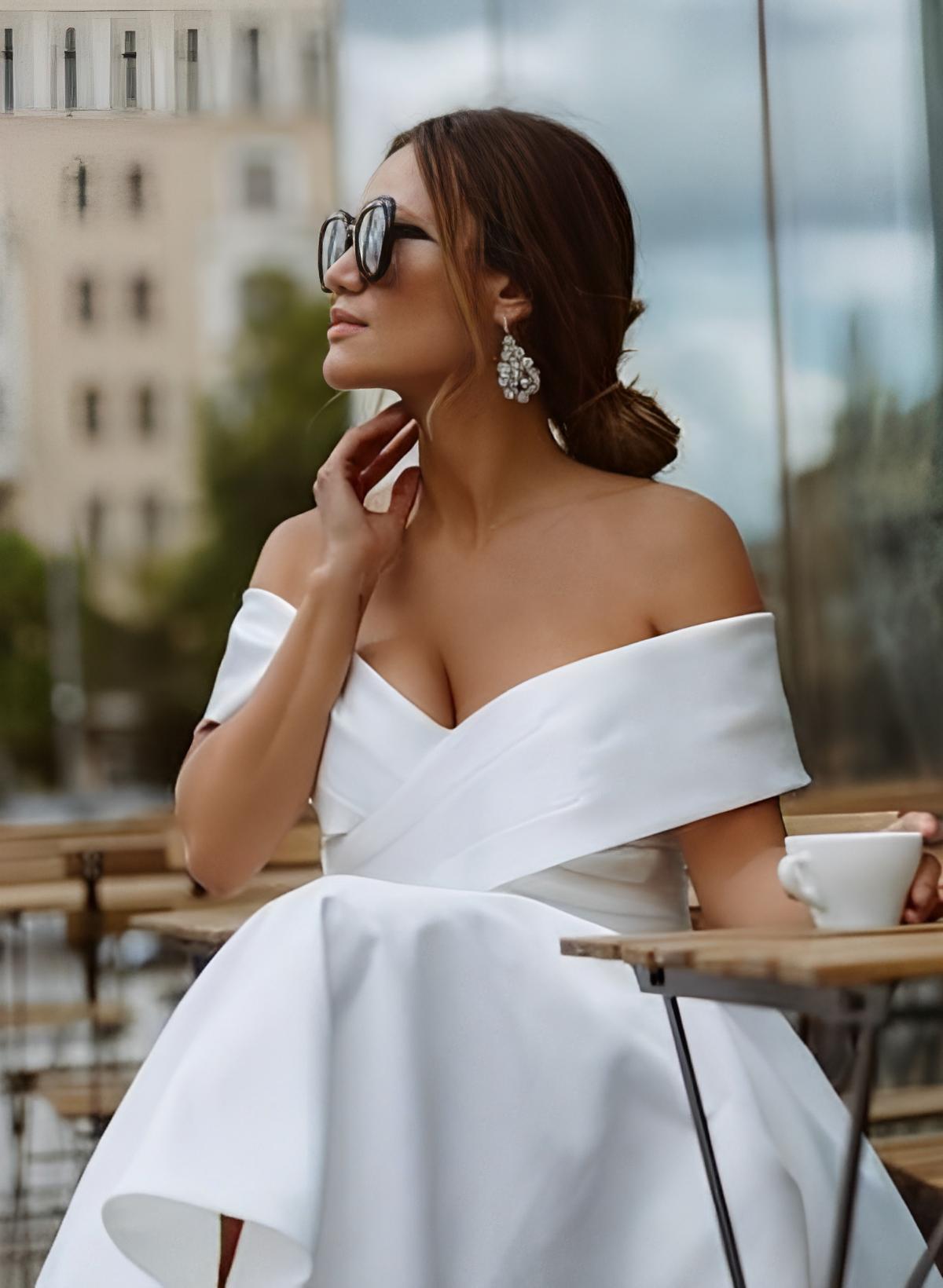 White Off The Shoulder Satin A-Line Wedding Dress with Pockets Bodice Detail
