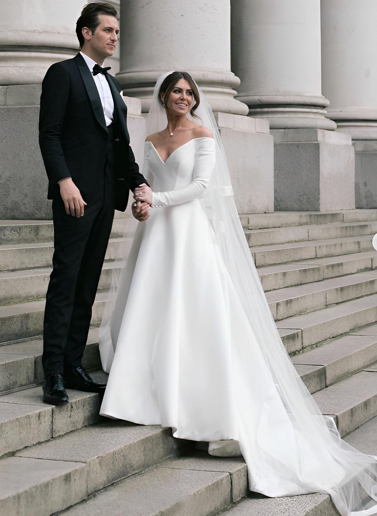 White Off The Shoulder Satin A-Line Wedding Dress with Pockets and 3/4 Sleeves