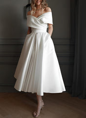 White Off The Shoulder Satin A-Line Wedding Dress with Pockets