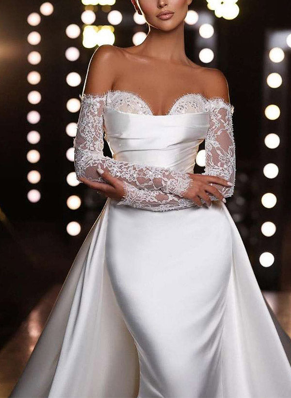 White Off The Shoulder Satin Mermaid Chapel Train Wedding Dress with Lace Appliques and Long Sleeves Bodice Detail