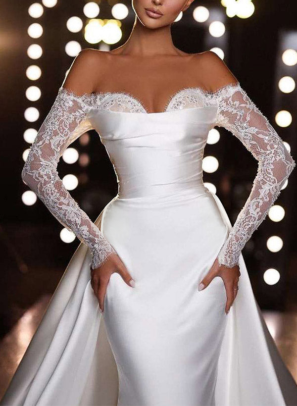 White Off The Shoulder Satin Mermaid Chapel Train Wedding Dress with Lace Appliques and Long Sleeves Bodice Detail