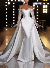 White Off The Shoulder Satin Mermaid Chapel Train Wedding Dress with Lace Appliques and Long Sleeves