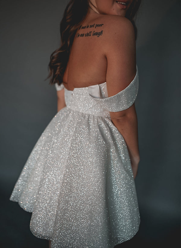 White Off The Shoulder Sequin A-Line Wedding Dress Back Detail