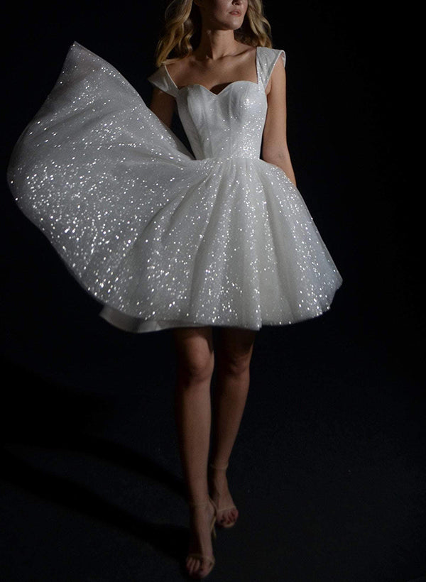 White Off The Shoulder Sequin A-Line Wedding Dress with Short Sleeves