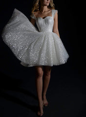 White Off The Shoulder Sequin A-Line Wedding Dress with Short Sleeves