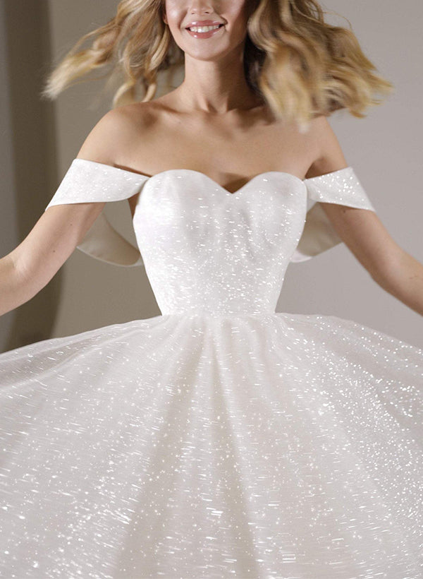 White Off The Shoulder Sequin A-Line Wedding Dress with Short Sleeves Bodice Detail