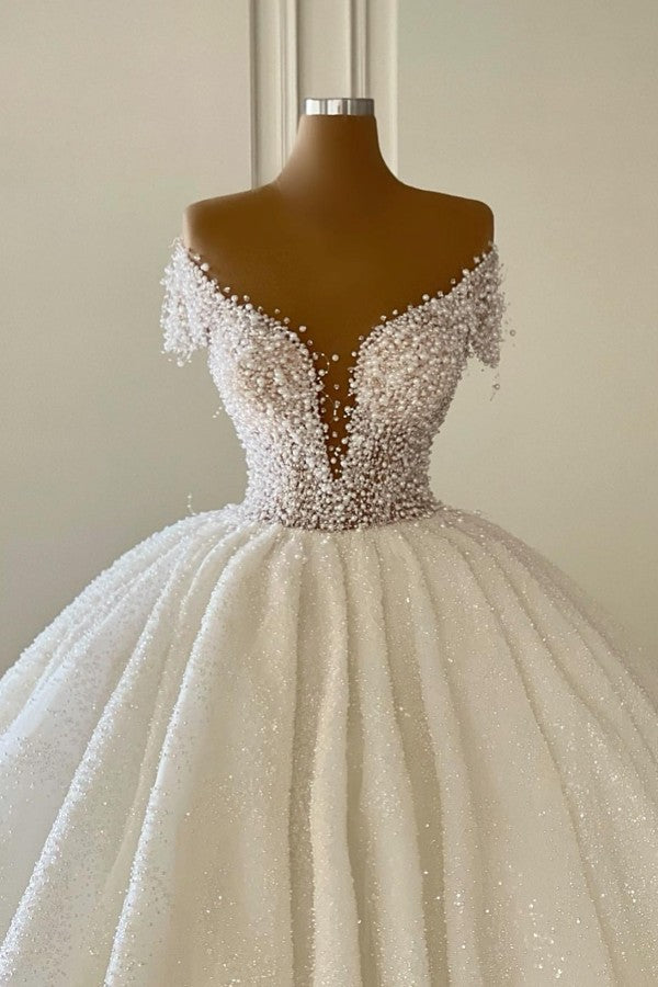 White Off The Shoulder Sequin Ball Gown Wedding Dress Bodice Detail