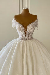 White Off The Shoulder Sequin Ball Gown Wedding Dress Bodice Detail