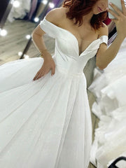 White Off The Shoulder Sequin Ball Gown Wedding Dress with Short Sleeves Bodice Detail