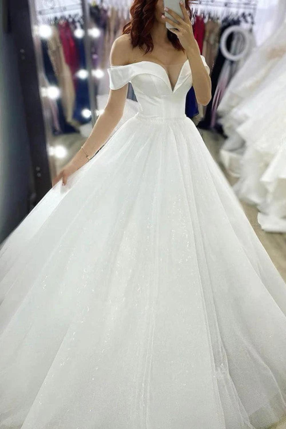 White Off The Shoulder Sequin Ball Gown Wedding Dress with Short Sleeves