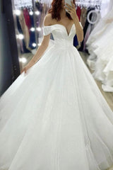 White Off The Shoulder Sequin Ball Gown Wedding Dress with Short Sleeves