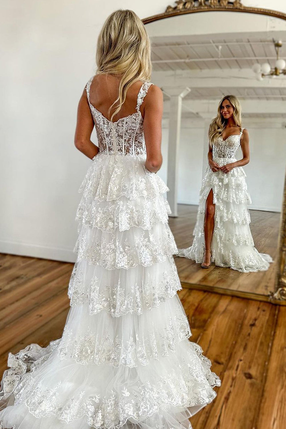White Off The Shoulder Tulle A-Line Long Prom Dress with Slit Back View