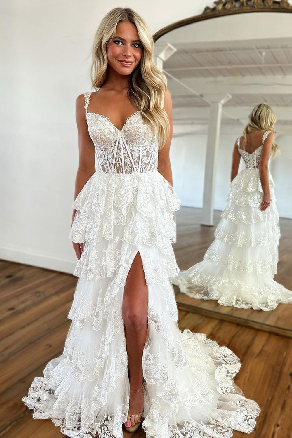White Off The Shoulder Tulle A-Line Long Prom Dress with Slit
