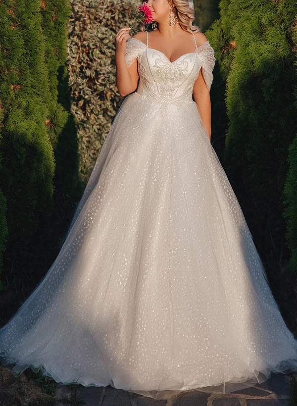 White Off The Shoulder Tulle A-Line Sweep Train Wedding Dress with Beading