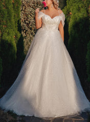 White Off The Shoulder Tulle A-Line Sweep Train Wedding Dress with Beading