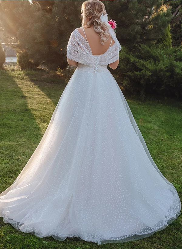 White Off The Shoulder Tulle A-Line Sweep Train Wedding Dress with Beading Back View
