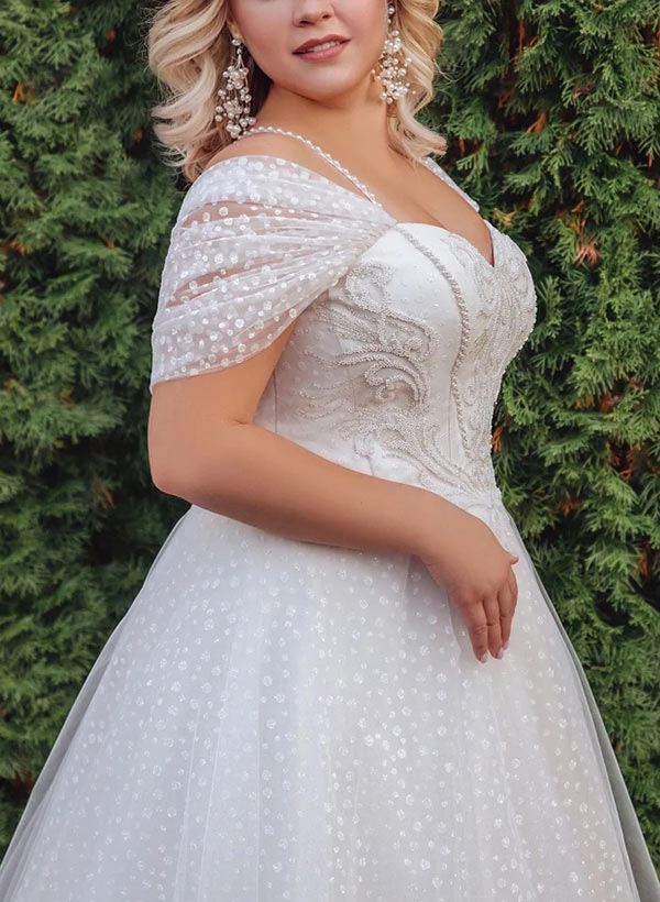 White Off The Shoulder Tulle A-Line Sweep Train Wedding Dress with Beading Bodice Detail