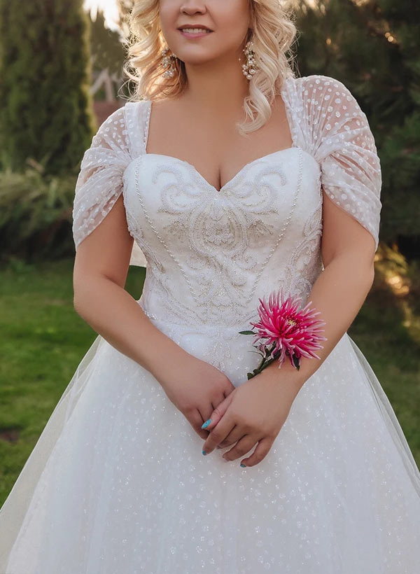 White Off The Shoulder Tulle A-Line Sweep Train Wedding Dress with Beading Bodice Detail
