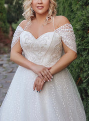 White Off The Shoulder Tulle A-Line Sweep Train Wedding Dress with Beading Bodice Detail