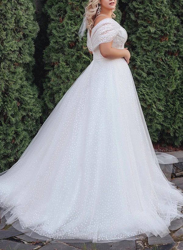 White Off The Shoulder Tulle A-Line Sweep Train Wedding Dress with Beading Side View