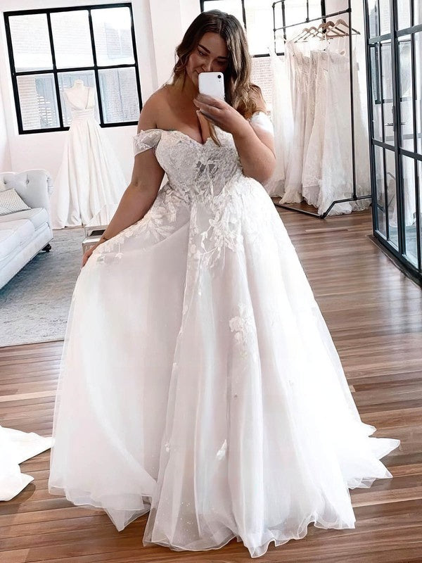White Off The Shoulder Tulle A-Line Wedding Dress with Lace Appliques
