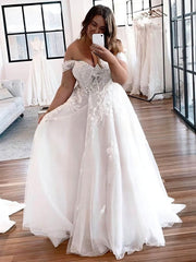White Off The Shoulder Tulle A-Line Wedding Dress with Lace Appliques