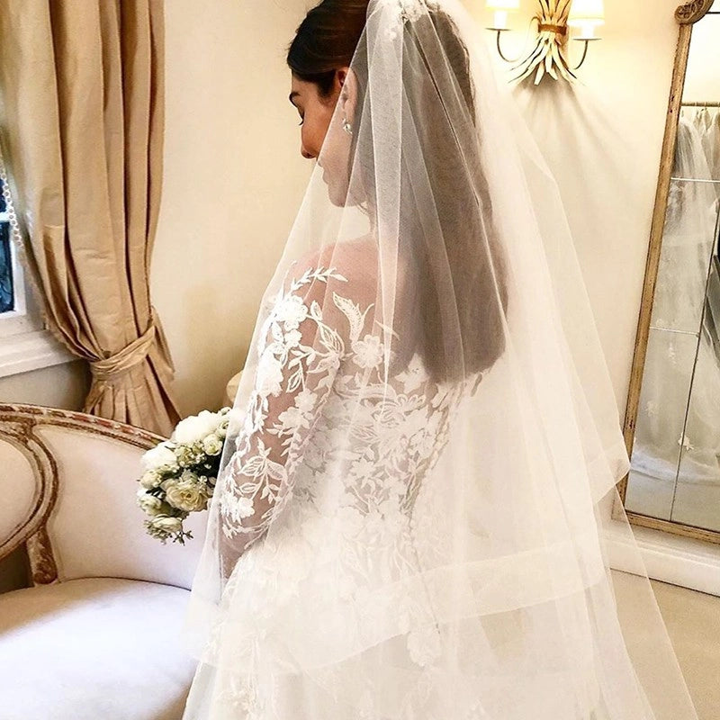 White Off The Shoulder Tulle A-Line Wedding Dress with Lace Appliques, Long Sleeves and Court Train Back Detail
