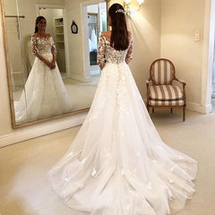 White Off The Shoulder Tulle A-Line Wedding Dress with Lace Appliques, Long Sleeves and Court Train Back View
