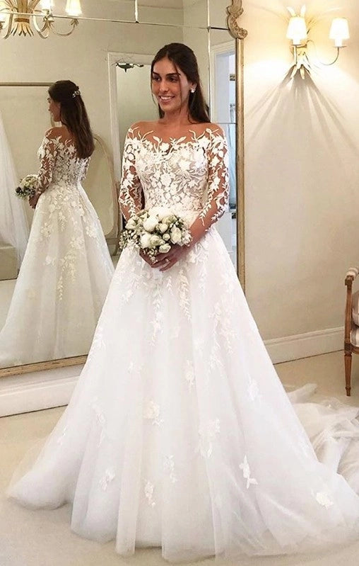 White Off The Shoulder Tulle A-Line Wedding Dress with Lace Appliques, Long Sleeves and Court Train
