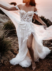 White Off The Shoulder Tulle A-Line Wedding Dress with Lace Appliques and Slit
