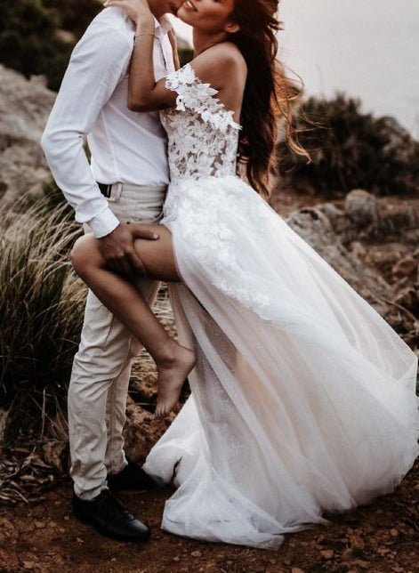 White Off The Shoulder Tulle A-Line Wedding Dress with Lace Appliques and Slit